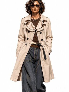 Betsey Johnson trench coat with ruffles around neckline, double breasted